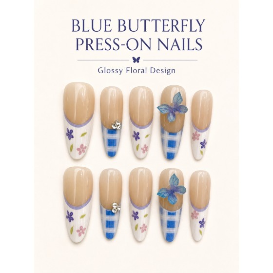 Blue Plaid 3D Butterfly Press‑On Nails, Fresh Medium‑Long Almond False Nails With French Floral Pattern